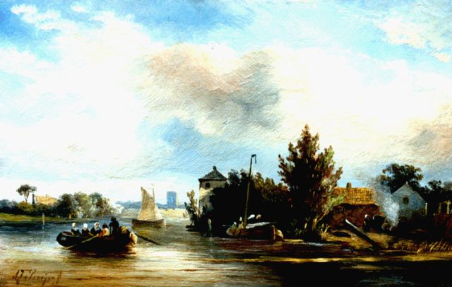 Prooijen A.J. van | A ferry in a summer landscape, Öl auf Holz 17,7 x 27,6 cm, signed l.l.