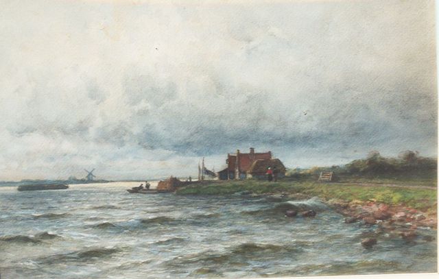 Piet Schipperus | A river landscape with a ferry, Aquarell auf Papier