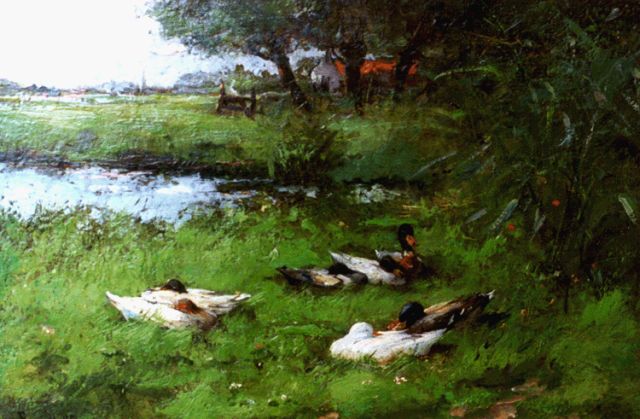 Frans Helfferrich | Ducks by a pond, Öl auf Holz, 18,7 x 27,1 cm, signed l.l.