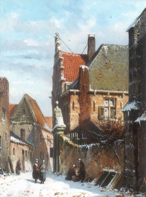Adrianus Eversen | A snow-covered town (counterpart of inventory number 7313), Öl auf Holz, 19,1 x 14,7 cm, signed l.r. with monogram