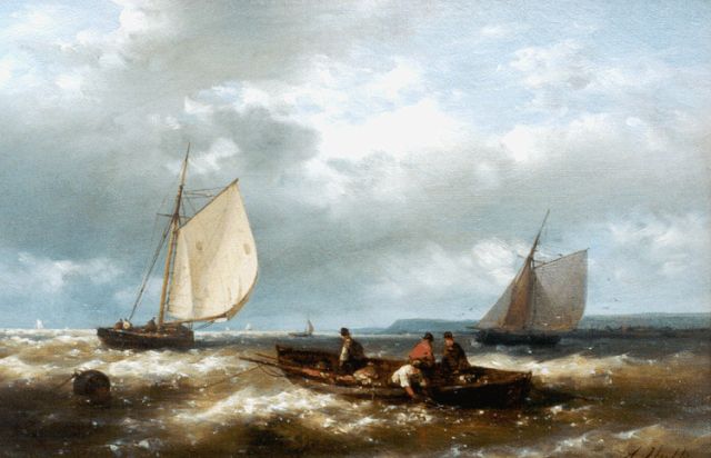 Abraham Hulk | Sailors in a row-boat off the coast, Öl auf Leinwand, 20,4 x 30,6 cm, signed l.r.