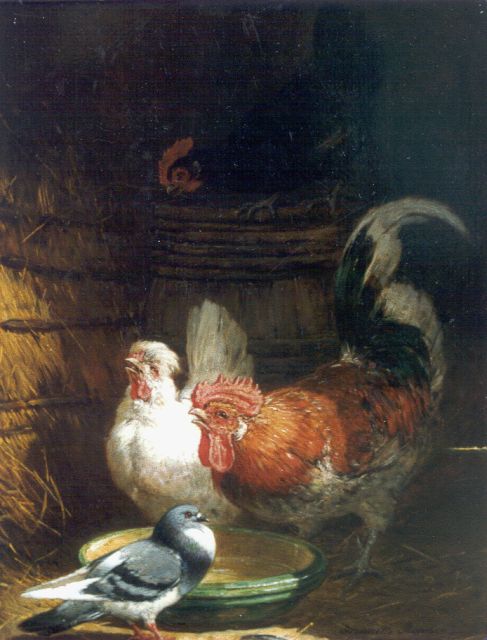 Henriette Ronner | A stable interior with poultry, Öl auf Holz, 40,1 x 31,4 cm, signed l.r.