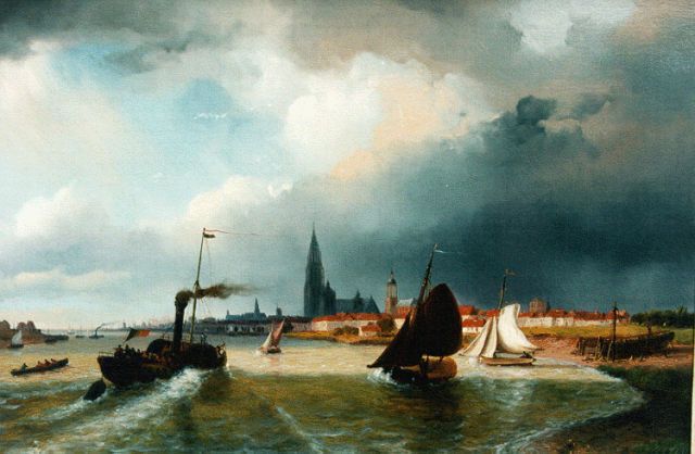Nicolaas Roosenboom | Paddle steamer on the Schelde, Antwerpen, Öl auf Holz, 35,0 x 52,3 cm, signed l.r.