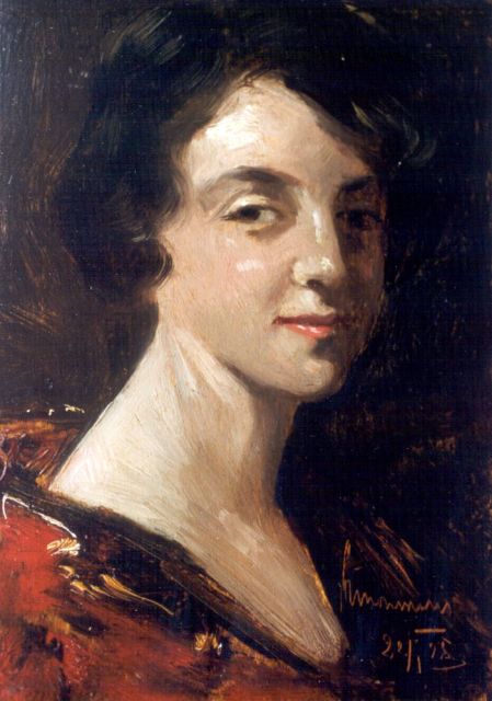 Simon Maris | A portrait of an elegant lady, Öl auf Holz, 21,7 x 15,1 cm, signed l.r. und executed 22/1 '25