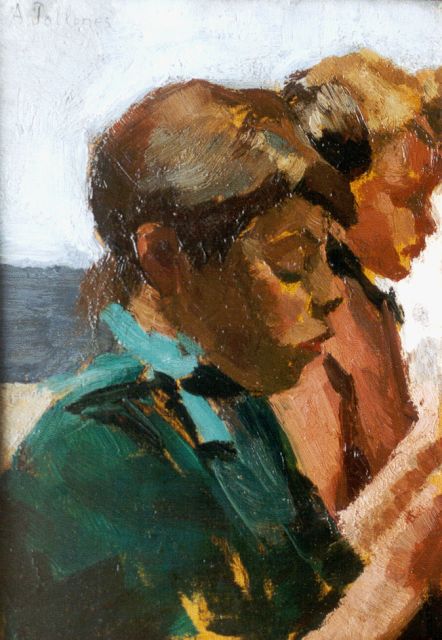 Jean Albert Pollones | Two girls at work, Öl auf Holz, 21,8 x 15,6 cm, signed u.l.