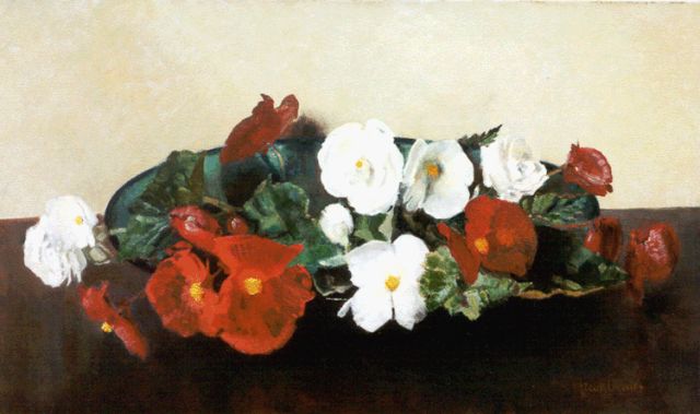 Oerder F.D.  | A platter with red and white begonias, Öl auf Leinwand 60,3 x 100,1 cm, signed l.r.