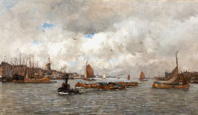 Kees van Waning | Activities on the river the Maas, Rotterdam, Öl auf Leinwand, 83,3 x 143,6 cm, signed l.r. und dated 1919