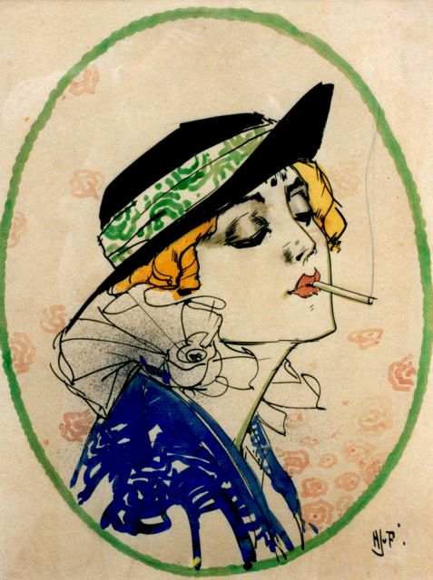 Piggelen H.J. van | A lady with a cigarette, Aquarell auf Papier 51,0 x 39,0 cm, signed l.r. with initials