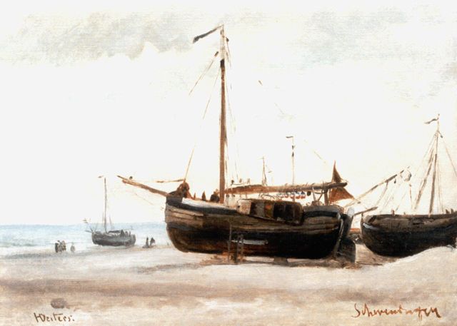 Deiters H.  | Fishing boats on the beach of Scheveningen, Öl auf Malereifaser auf Holz 30,0 x 41,0 cm, signed l.l.