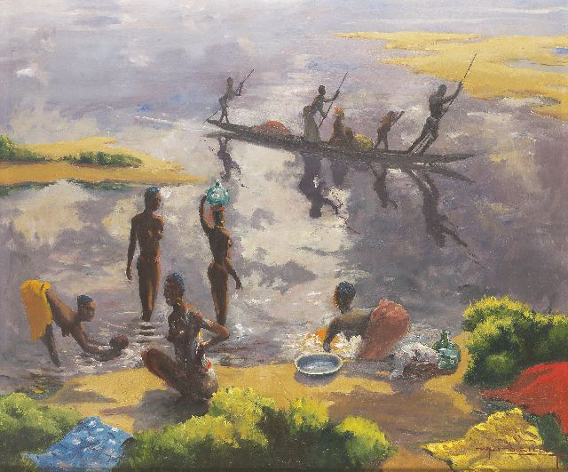 Baudry R.  | African women bathing, Öl auf Malereifaser 78,0 x 93,7 cm, signed l.r.