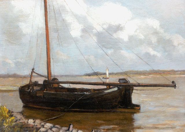 Münninghoff X.A.F.L.  | A moored flatboat, Öl auf Leinwand Malereifaser 21,4 x 29,4 cm, signed l.l.