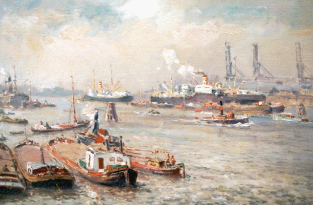 Evert Moll | Harbour activities, Rotterdam, Öl auf Leinwand, 40,0 x 60,0 cm, signed l.r.