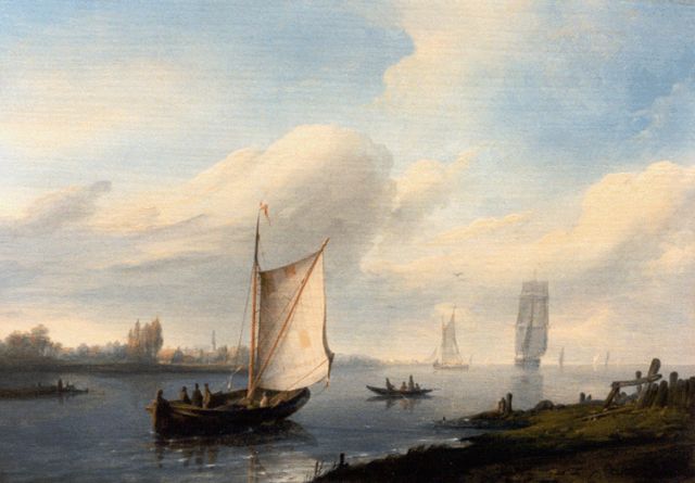 Pieter Hendrik Thomas | Shipping on a calm river, Öl auf Holz, 21,6 x 30,6 cm, signed l.r.
