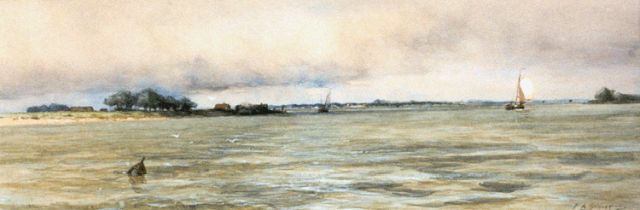 Piet Schipperus | Shipping on a river, Aquarell auf Papier, 28,0 x 76,5 cm, signed l.r.