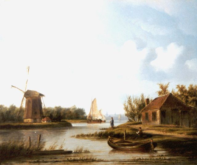 Carl Eduard Ahrendts | A river landscape with vessels, Öl auf Holz, 29,4 x 35,1 cm, signed l.r.