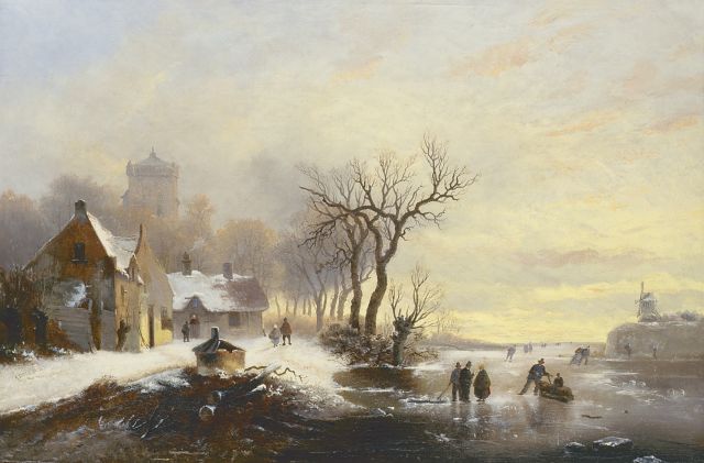 Alexis de Leeuw | Skaters on the ice with a village beyond, Öl auf Leinwand, 40,6 x 61,0 cm