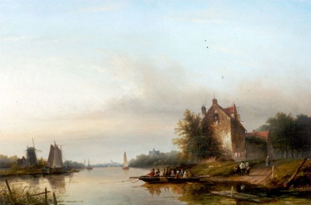 Jacob Jan Coenraad Spohler | A river landscape with a ferry, Öl auf Leinwand, 65,0 x 93,2 cm, signed l.r.