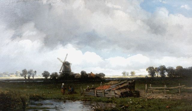 Anthonie Jacobus van Wijngaerdt | An extensive landscape, a windmill beyond, Öl auf Holz, 15,5 x 26,4 cm, signed l.r.