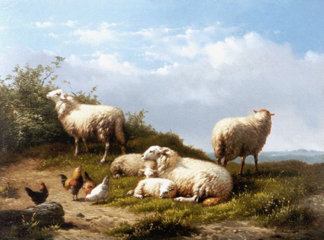 Eugène Remy Maes | Sheep and poultry in a landscape, Öl auf Holz, 18,8 x 25,0 cm, signed l.r.