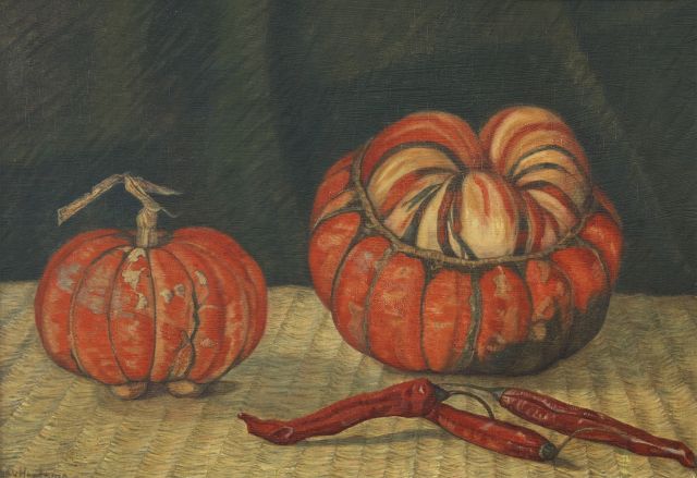 Antoinette van Hoijtema | Stilleben von Kürbissen und roten Pfeffern, Öl auf Holz, 26,6 x 38,6 cm, Unterzeichnet l.u. und datiert '16