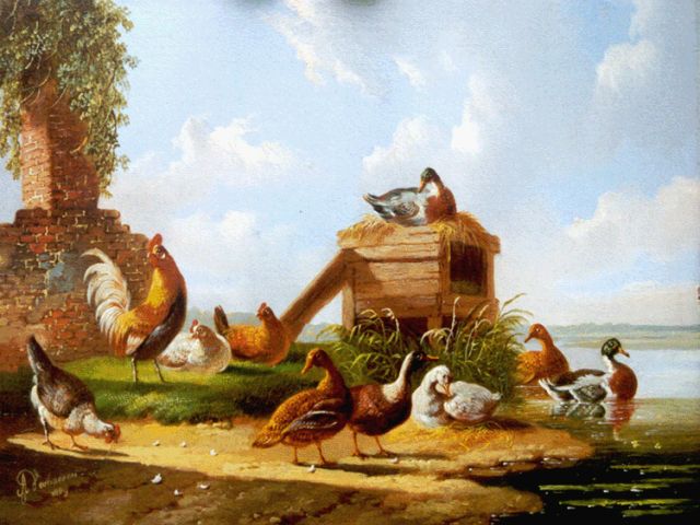 Verhoesen A.  | Poultry in a classical landscape, Öl auf Holz 12,9 x 16,9 cm, signed l.l. und dated 1869