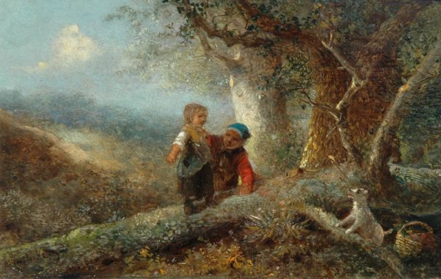 Kate J.M.H. ten | Children playing in a forest, Öl auf Holz 11,9 x 18,4 cm, signed l.l.