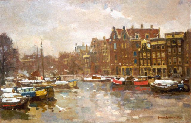 Frans Langeveld | Moored boats, Amsterdam, Öl auf Leinwand, 40,5 x 60,5 cm, signed l.r.
