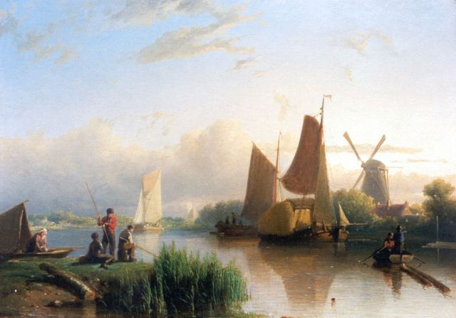 Johan Rust | Anglers in a river landscape, Öl auf Tafel, 24,2 x 33,5 cm, signed l.r.