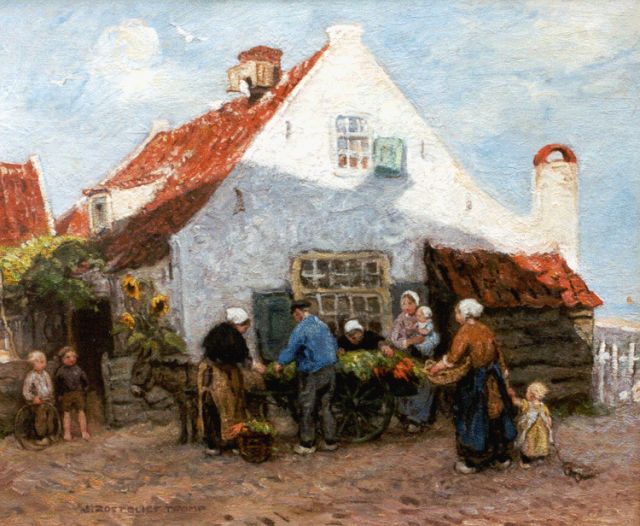 Jan Zoetelief Tromp | Selling vegetables at the 'Meelzak', Katwijk aan Zee, Öl auf Leinwand, 48,5 x 58,8 cm, signed l.l.