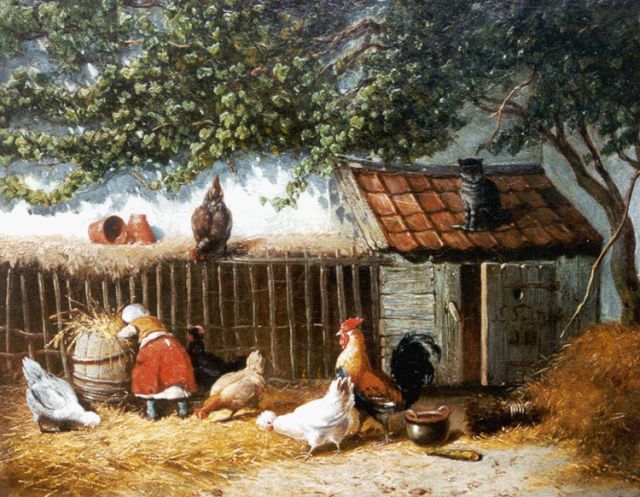 Jan Gerard Smits | Feeding the chickens, Öl auf Holz, 24,7 x 31,4 cm, signed l.r.