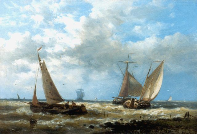 Abraham Hulk | Dutch barges in a stiff breeze, Öl auf Holz, 17,5 x 25,2 cm, signed l.r.