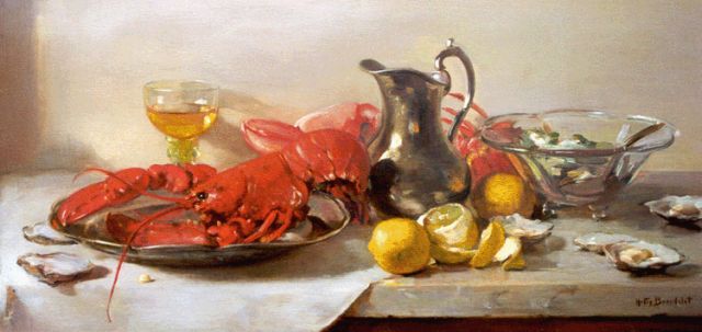 Hetty Broedelet-Henkes | A still life with lobster and oysters, Öl auf Holz, 33,5 x 71,9 cm, signed l.r.