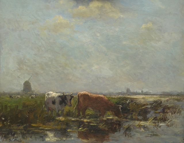 Willem Maris | Polder landscape with cattle and windmills, Öl auf Holz, 38,3 x 47,2 cm, signed l.l.