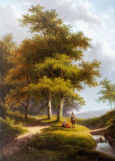 Jan Evert Morel II | Travellers near a stream, Öl auf Holz, 20,4 x 15,1 cm, signed l.l.
