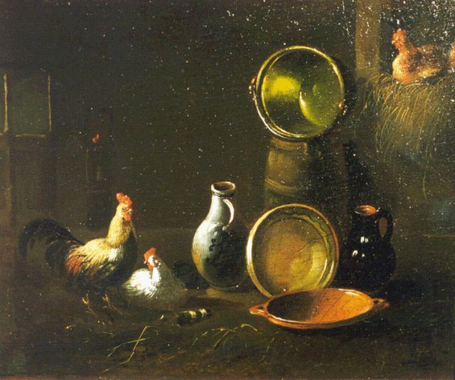 Albertus Verhoesen | Poultry in a stable, Öl auf Holz, 14,0 x 16,6 cm
