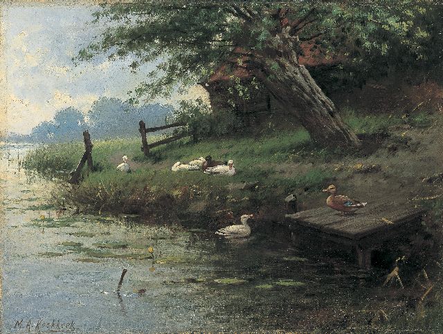 Marinus Adrianus Koekkoek II | Ducks on the riverbank, Öl auf Leinwand, 27,4 x 36,7 cm, signed l.l.