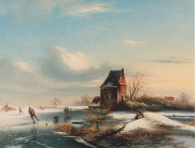 Ferdinand Hendrik Sijpkens | Skaters on a frozen waterway, Öl auf Holz, 23,0 x 30,0 cm, signed l.r.