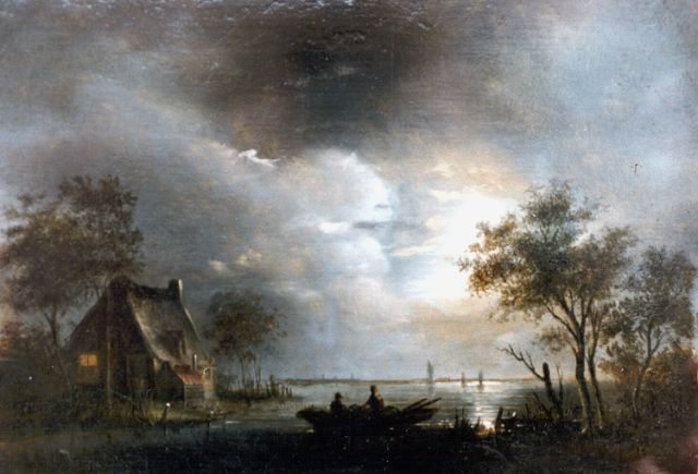 Hendrik Gerrit ten Cate | Fishermen in a moonlit landscape, Öl auf Holz, 20,7 x 30,0 cm, signed l.r.