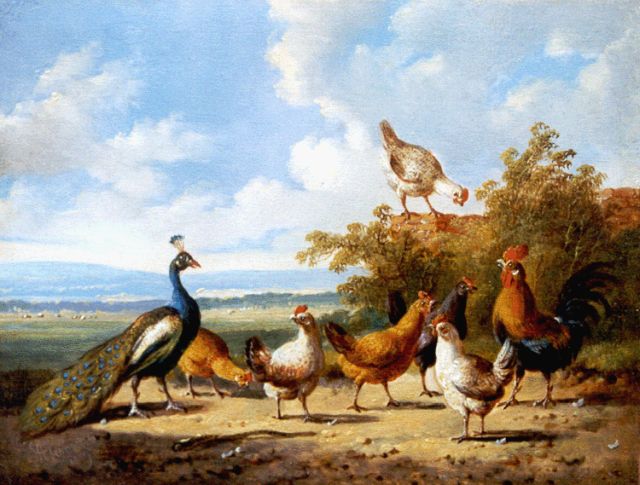 Verhoesen A.  | A landscape with poultry and a peacock, Öl auf Holz 14,6 x 19,1 cm, signed l.l. und dated 1879
