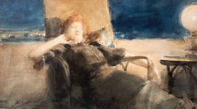 Calbet A.  | An elegant lady sleeping, Pastell und Aquarell auf Papier 17,3 x 30,7 cm, signed l.l.