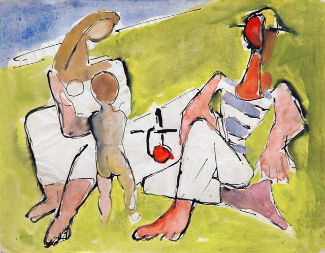 Velde G. van | A day at the beach, Ausziehtusche und Aquarell auf Papier 20,7 x 26,8 cm, signed l.r. with initials und painted circa 1944-1945