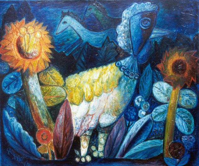 Tiel Q.M.A. van | Bird and sunflowers, Öl auf Leinwand 79,8 x 95,0 cm, signed l.l. und dated '50