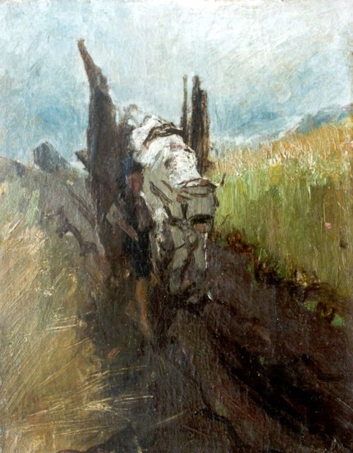 Maris W.  | Farmer with cattle on a country road, Öl auf Papier auf Holz 22,1 x 17,2 cm, signed l.l.