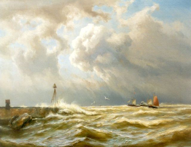 Jan H.B. Koekkoek | Sailing vessels and a paddle-steamer on stormy seas near IJmuiden, Öl auf Leinwand, 63,5 x 80,5 cm, signed l.l.