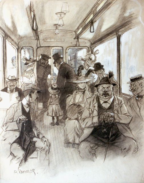 August Roeseler | Grandfather and child in a tram, Gouache und Holzkohle auf Papier, 69,0 x 54,0 cm, signed l.l.