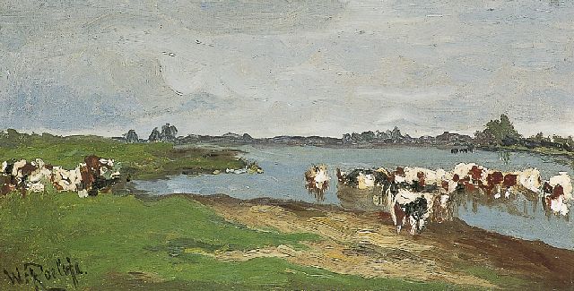 Willem Roelofs | Cows on the riverbank, Öl auf Leinwand, 24,0 x 44,2 cm, signed l.l.