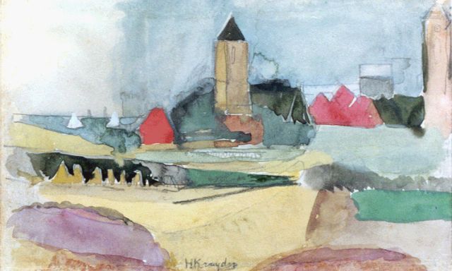 Herman Kruyder | A view of huizen in summer, Schwarze Kreide und Aquarell auf Papier, 11,9 x 19,4 cm, signed l.c.