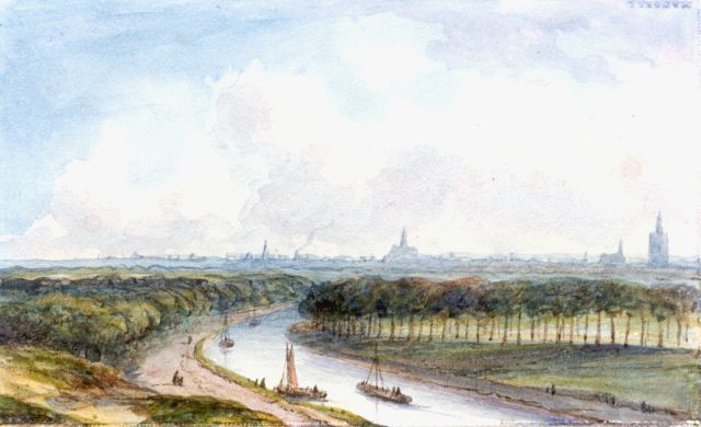 Kleijn L.J.  | A view of 'de Trekvliet', with the Hague in the distance, Aquarell auf Papier 6,5 x 10,5 cm