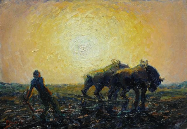 Daan Bout | A ploughing farmer, Öl auf Leinwand, 50,4 x 70,7 cm, signed l.l.