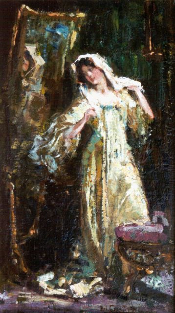 Graafland R.A.A.J.  | An elegant lady by a toilet table, Öl auf Leinwand 36,8 x 21,5 cm, signed l.r. und dated 1912